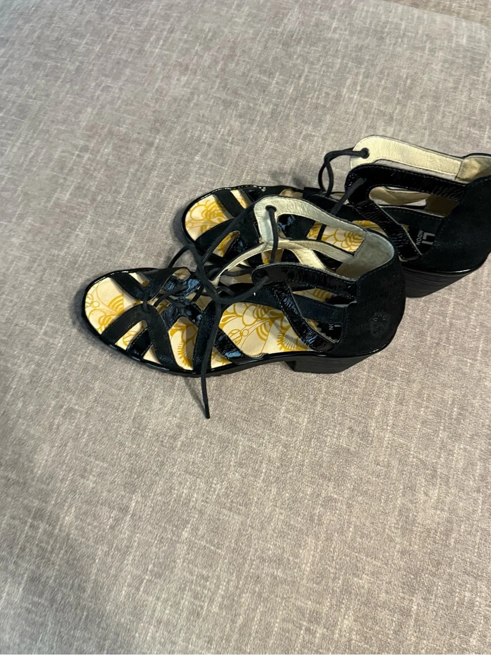 Fly London Black Patent Lace-Up Strappy Heels